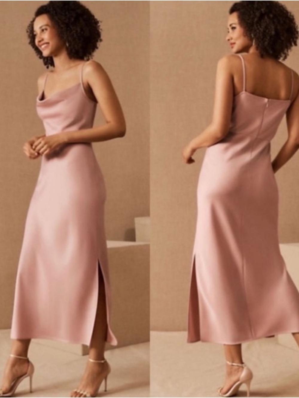 BHLDN Cowl Neck Cali Satin Charmeuse Midi Dress in Dusty Rose Pink